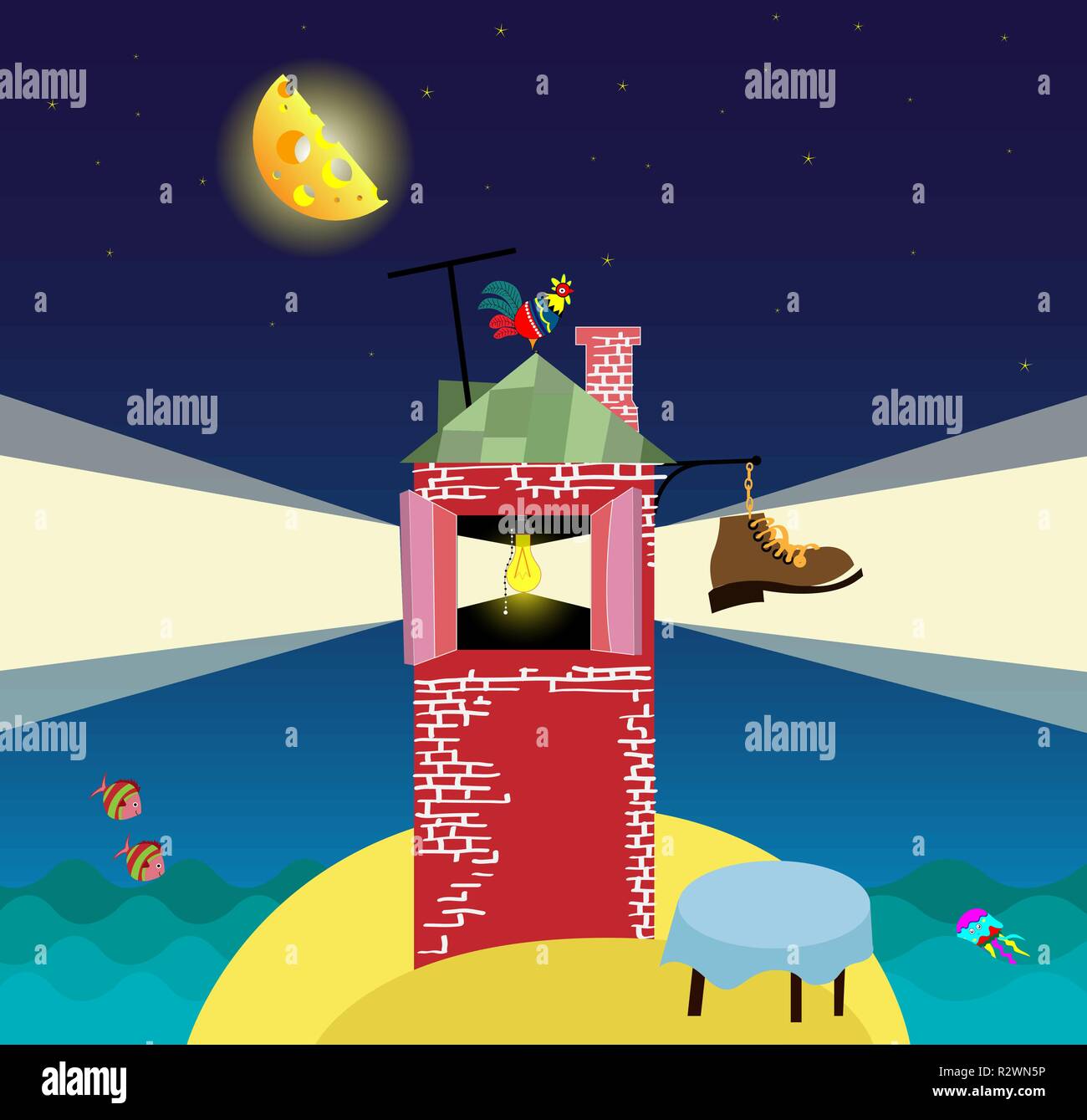 Cartoon Landschaft mit Leuchtturm, Nacht, das Meer und den Sternenhimmel. Stock Vektor