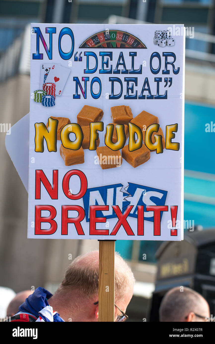 Bleiben Sie Wahlkampfplakette/Banner beim Volksentscheid-Marsch durch das Zentrum Londons und fordern Sie eine öffentliche Abstimmung über den endgültigen Brexit-Deal. Stockfoto