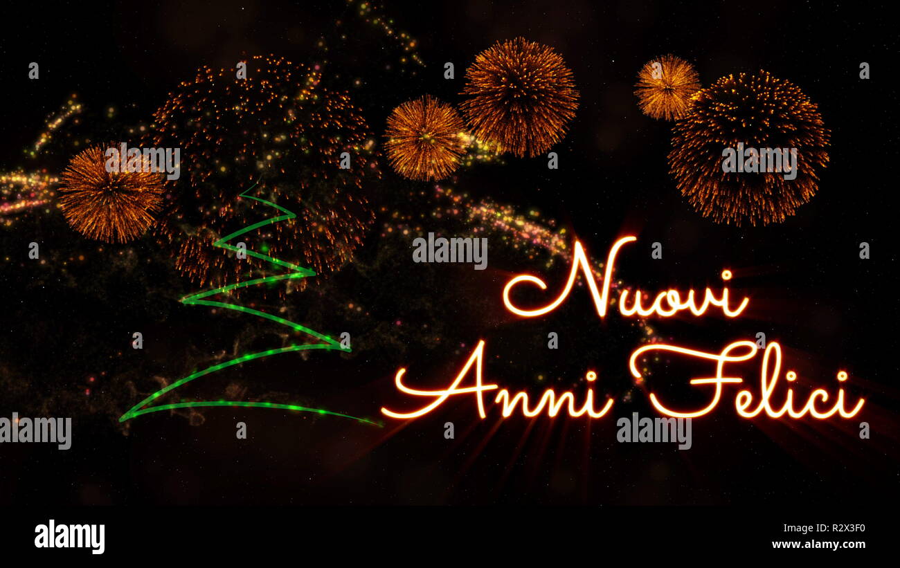 Frohes Neues Jahr Text auf Italienisch' Nuovi Anni Felici' über Pine Tree  mit Sekt und Feuerwerk auf einem verschneiten Hintergrund Stockfotografie -  Alamy