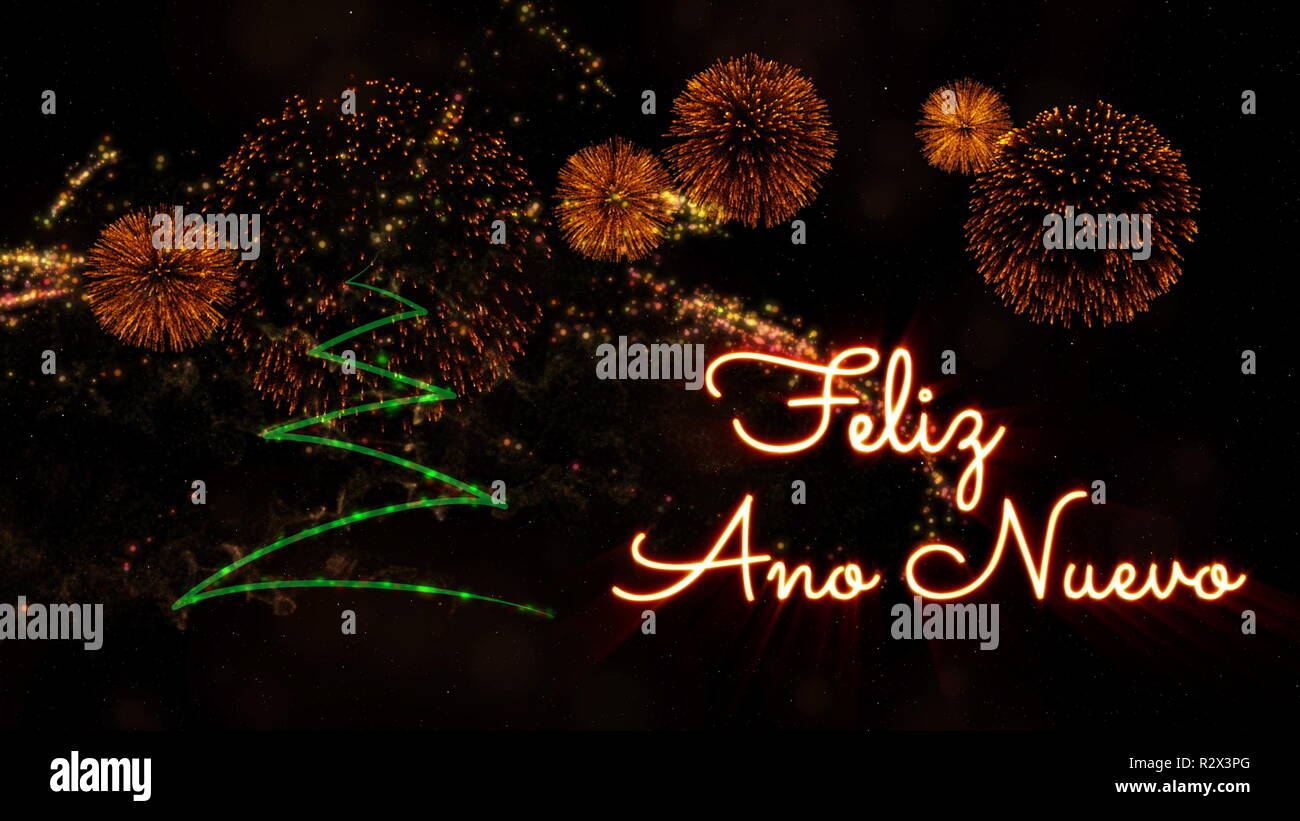 Frohes Neues Jahr Text in Spanisch 'Feliz Ano Nuevo' über Pine Tree mit Sekt und Feuerwerk auf einem verschneiten Hintergrund Stockfoto