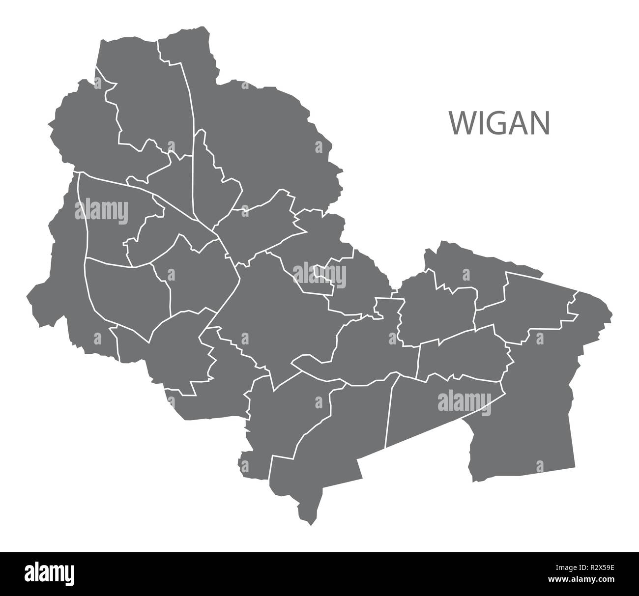 Wigan Stadtplan mit Stationen grau Abbildung silhouette Form Stock Vektor