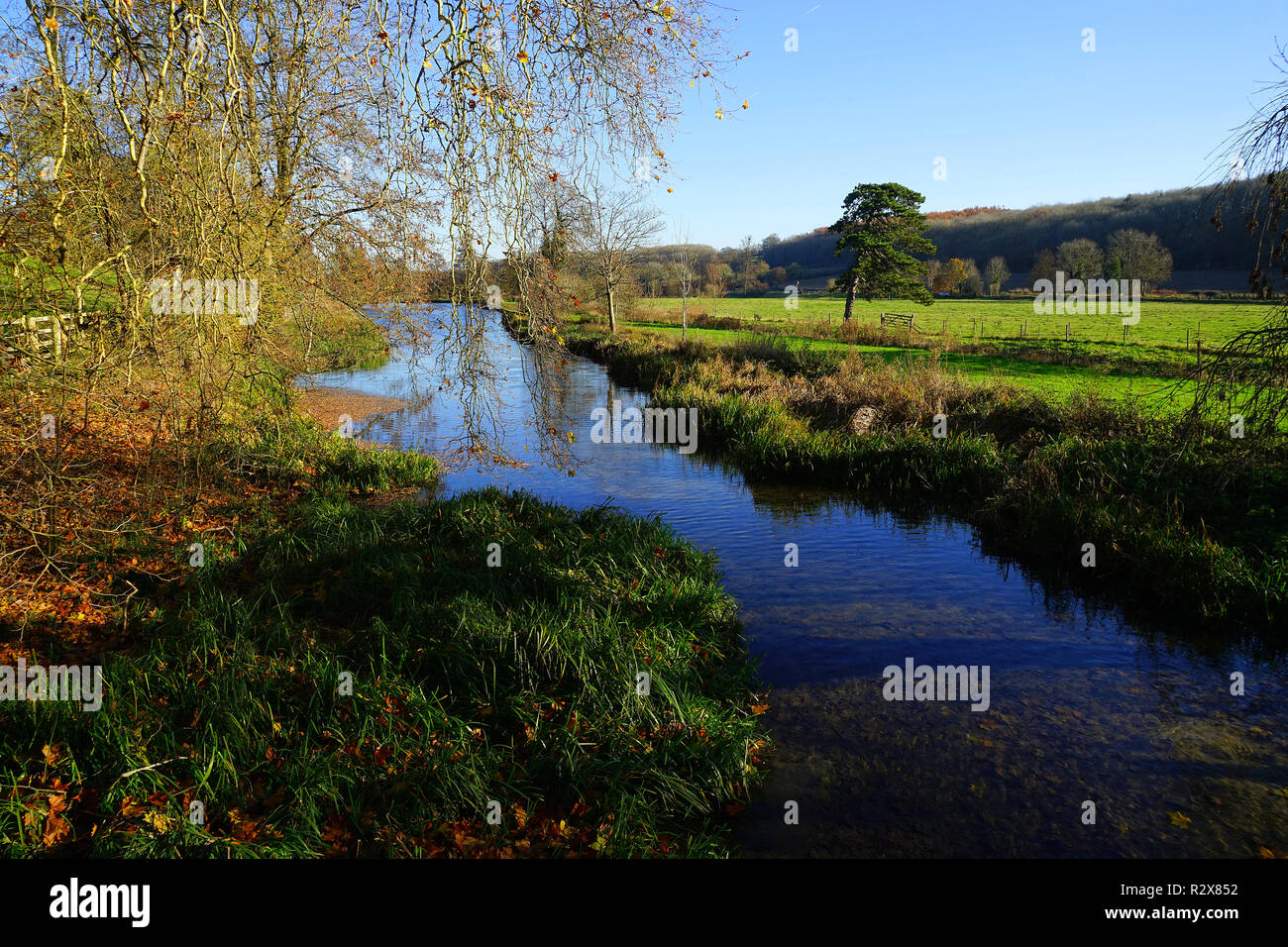 Ein Blick auf den Fluss Schach in der Nähe von Latimer, Buckinghamshire, England Stockfoto