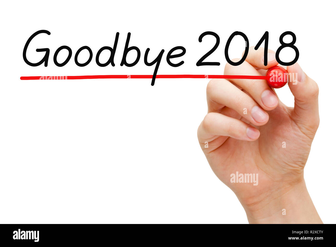 Hand schreiben Abschied 2018 mit Marker auf transparentem Glas Bord isoliert auf Weiss. Stockfoto