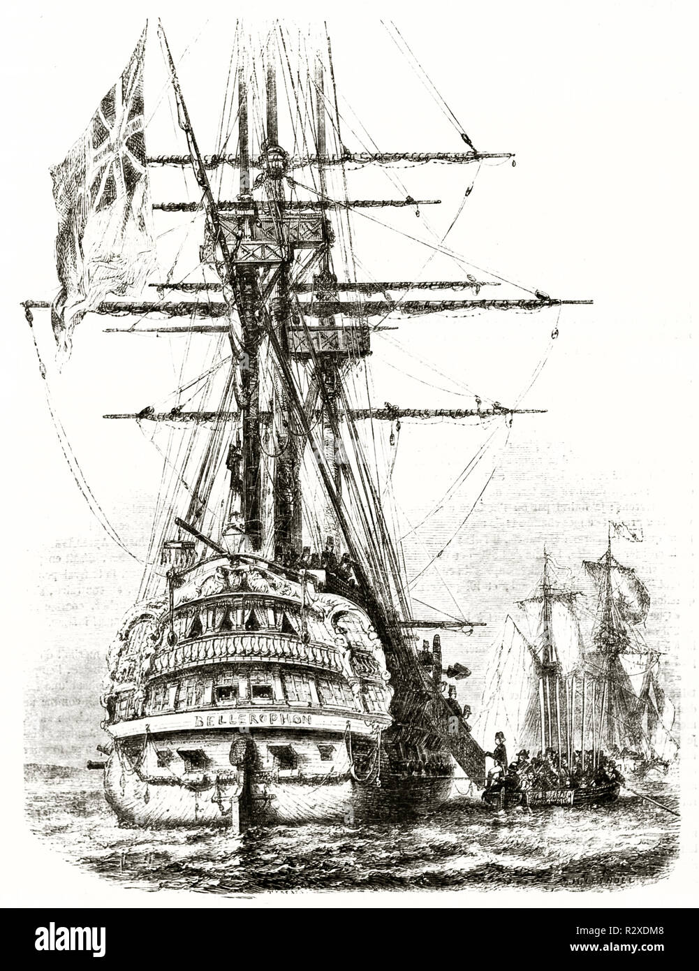 Alte illlustration von HMS Bellerofon, Royal Navy Schiff (boarding Napoleon kapitulation). Von unbekannter Autor, Hrsg. auf Magasin Pittoresque, Paris, 1846 Stockfoto