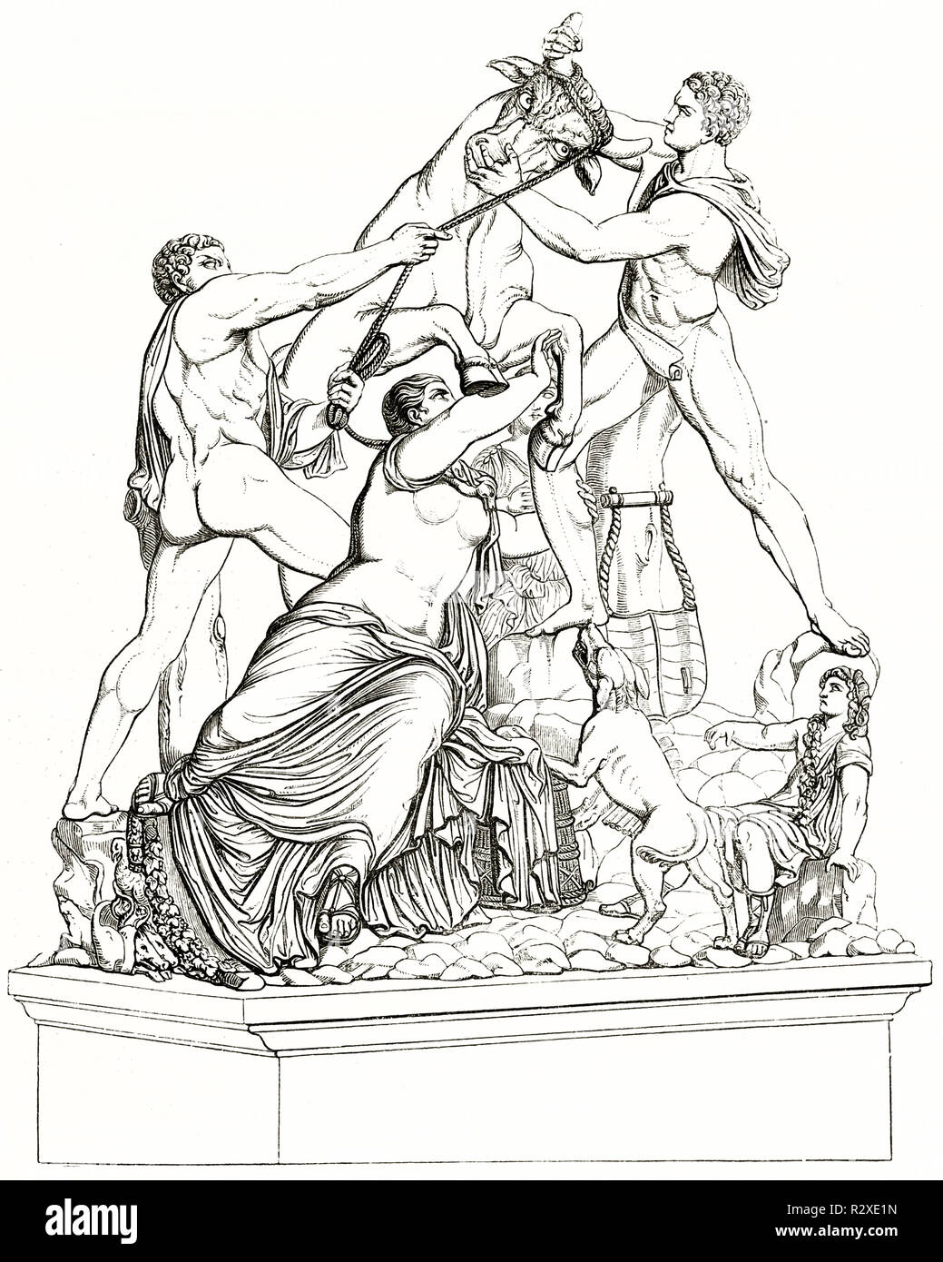 Alten Vervielfältigung der Toro Farnese Farnese (Stier) im Nationalen Archäologischen Museum, Neapel, Italien. Publ. Auf Magasin Pittoresque, Paris, 1846 Stockfoto