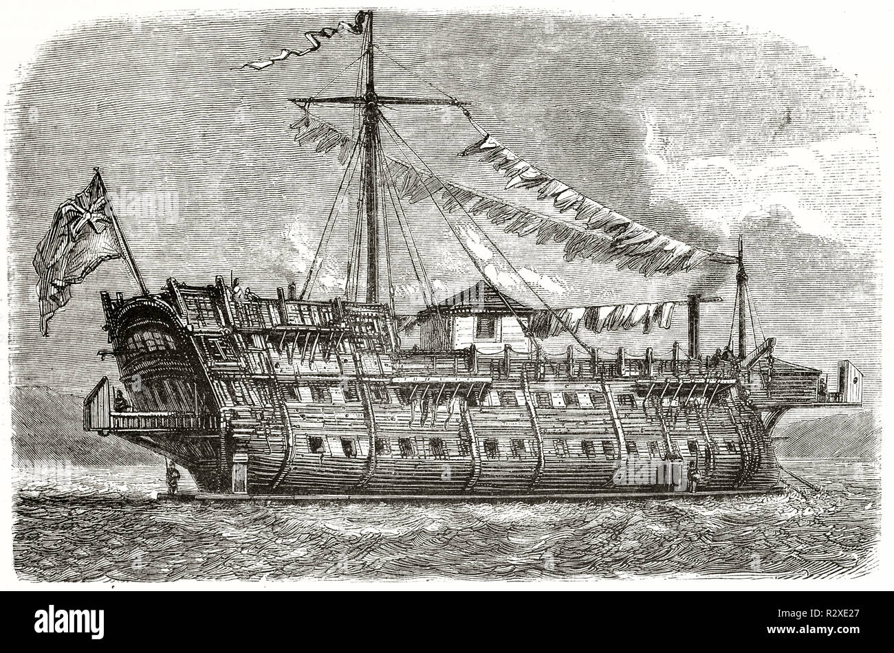 Alte Abbildung eines englischen Schiffes als Militärgefängnis genutzt. Von Noel, Publ. Auf Magasin Pittoresque, Paris, 1846 Stockfoto