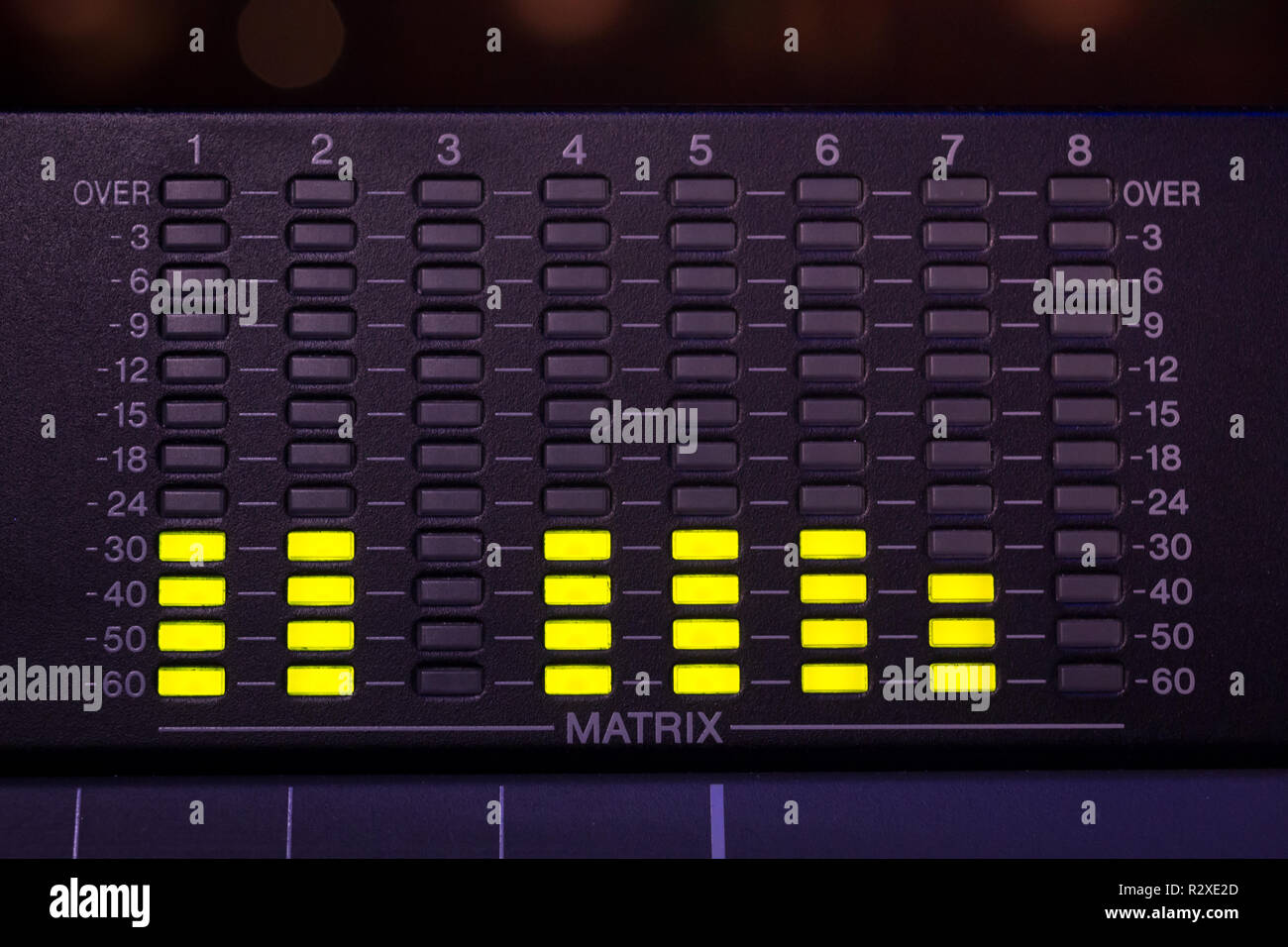 Professinal Audio Mischpult/console Display mit vu-Indikatoren, Matrix LED Stockfoto