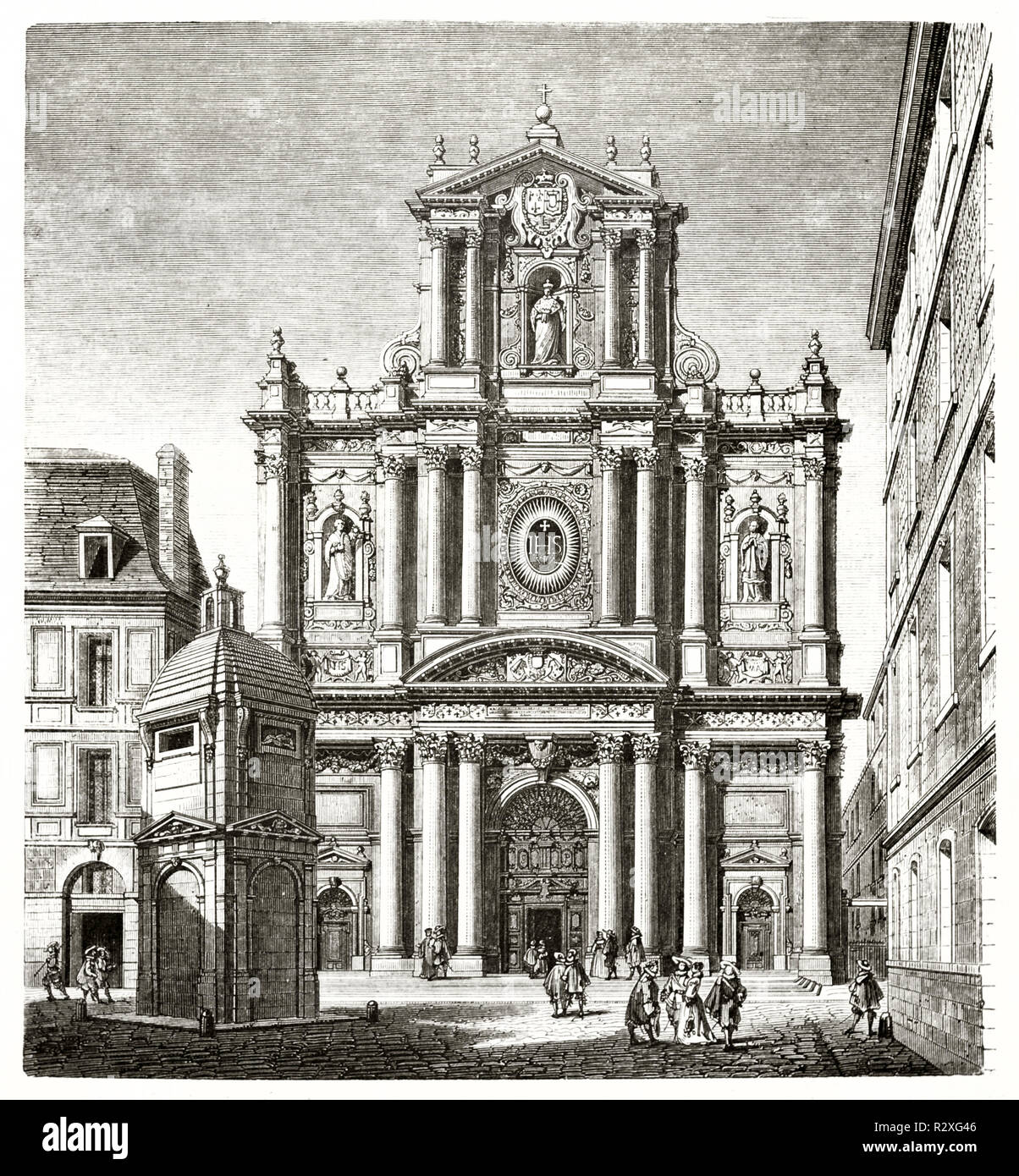 Blick auf die Fassade der Kirche Saint-Paul-Saint-Louis inmitten mittelalterlicher Gebäude in einem europäischen Ambiente. Magasin Pittoresque 1846, unbekannter Autor Stockfoto