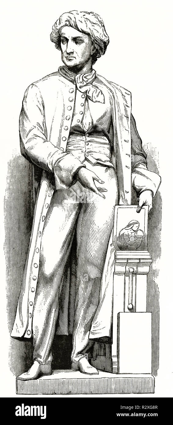 Graviert Nachbildung einer Statue von Alois Senefelder (1771-1834), Erfinder litography. Nach Maindron, Publ. Auf Magasin Pittoresque, Paris, 1846 Stockfoto