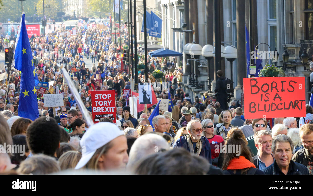 Zehntausende von Menschen beteiligen sich an der Abstimmung März für die Zukunft im Zentrum von London. Der März, die die Abstimmung Kampagne organisiert wird von jungen Menschen fordern, einen Menschen auf dem Brexit Abkommen geführt. Mit: Atmosphäre, Wo: London, Vereinigtes Königreich, wenn: 20 Okt 2018 Credit: Dinendra Haria/WANN Stockfoto