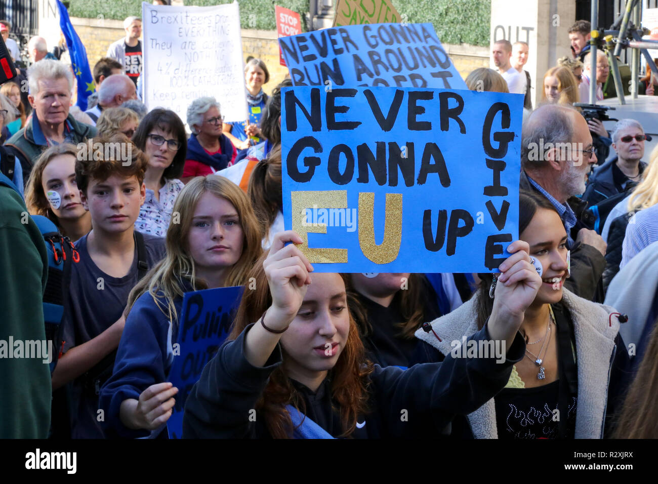 Zehntausende von Menschen beteiligen sich an der Abstimmung März für die Zukunft im Zentrum von London. Der März, die die Abstimmung Kampagne organisiert wird von jungen Menschen fordern, einen Menschen auf dem Brexit Abkommen geführt. Mit: Atmosphäre, Wo: London, Vereinigtes Königreich, wenn: 20 Okt 2018 Credit: Dinendra Haria/WANN Stockfoto