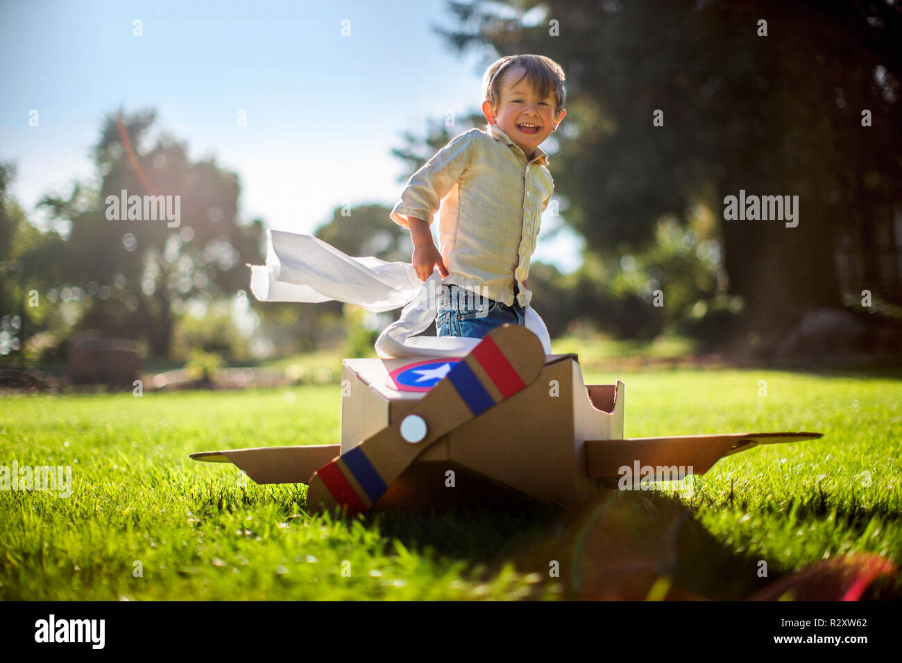 Junge Spielt Mit Seinem Karton Flugzeug Im Garten Stockfoto Bild