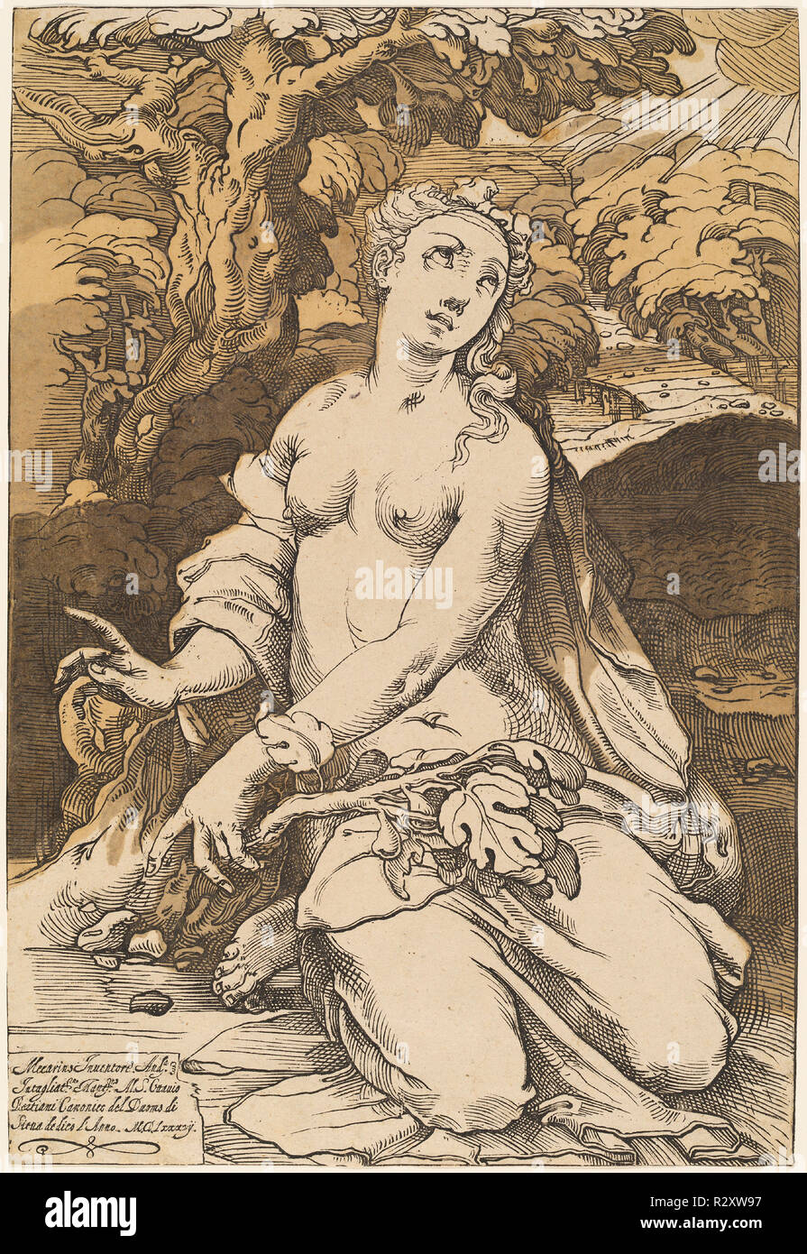 Eva. Stand: 1587. Medium: chiaroscuro Holzschnitt. Museum: Nationalgalerie, Washington DC. Autor: Andrea Andreani nach Domenico Beccafumi. Stockfoto