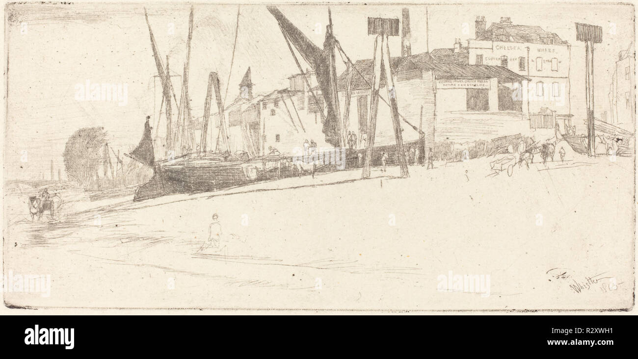 Chelsea Wharf. Stand: 1863. Abmessungen: Platte: 9,21 x 19,05 cm (3 5/8 x 7 1/2 in.) Blatt: 17,15 x 22,23 cm (6 3/4 x 8 3/4 in.). Medium: Radierung in Schwarz auf Weiß gebläut Bütten. Museum: Nationalgalerie, Washington DC. Autor: WHISTLER, James Abbott Mcneill. Stockfoto