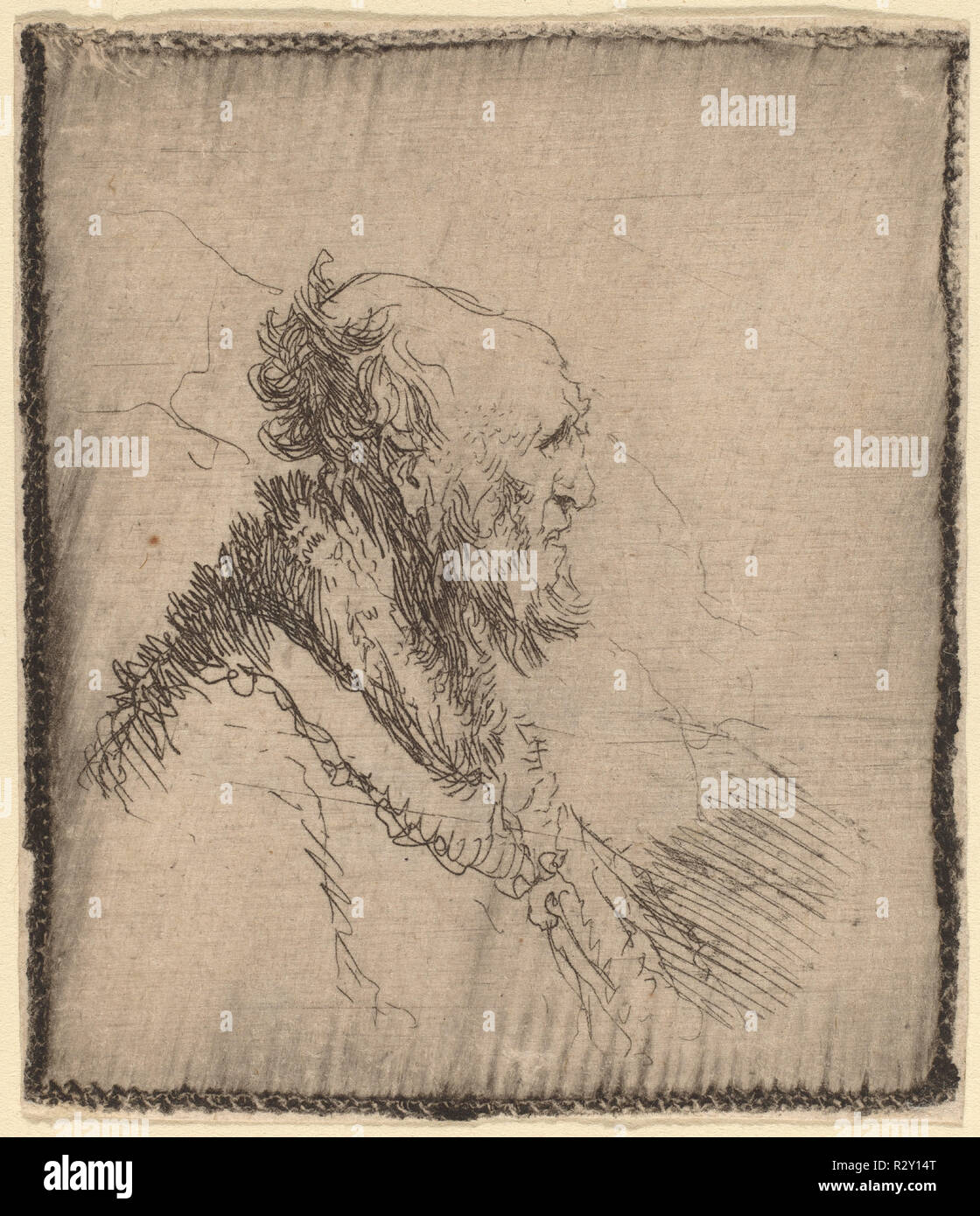 Kahlen alten Mann mit einem kurzen Bart im Profil. Vom: C. 1635. Medium: Radierung. Museum: Nationalgalerie, Washington DC. Thema: Rembrandt, HARMENSZOON VAN RIJN. Stockfoto