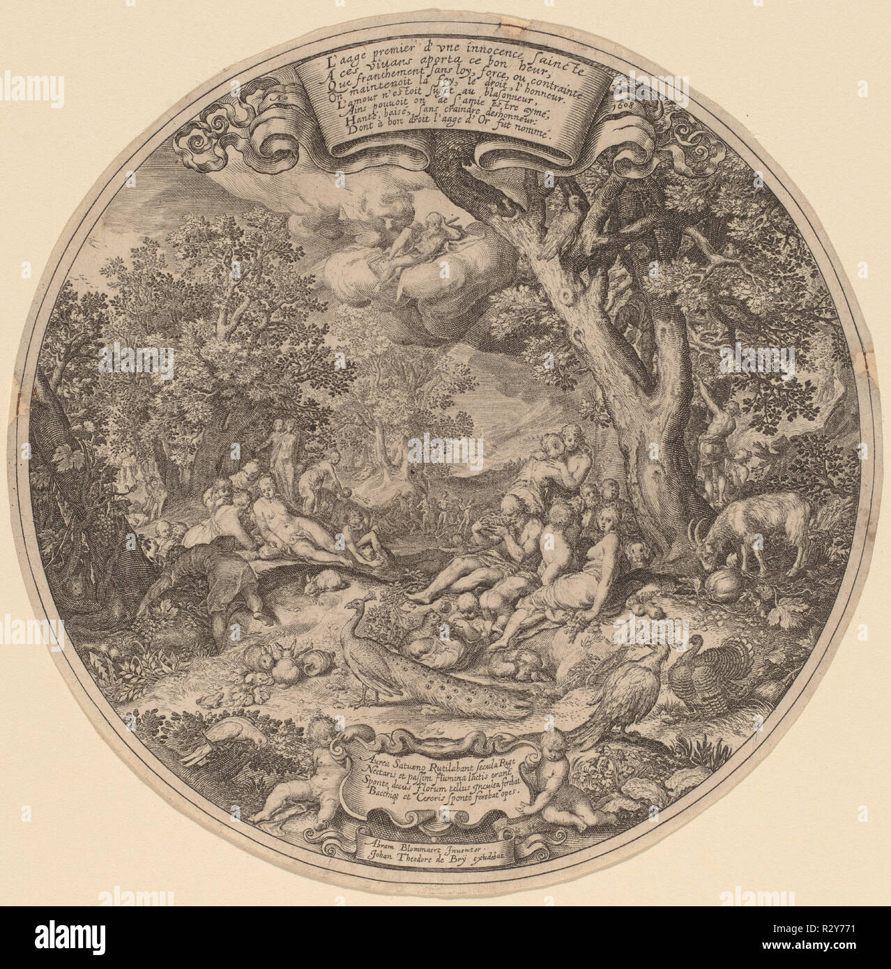 Das Goldene Zeitalter. Medium: Gravur. Museum: Nationalgalerie, Washington DC. Autor: Jan Theodor de Bry nach Abraham Bloemaert nach Nicolaes de Bruyn. Stockfoto