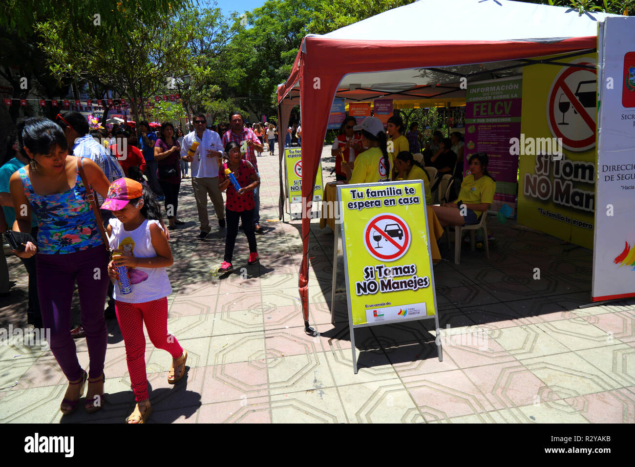 Anmelden Warnung vor Gefahren von Alkohol am Steuer im Karneval feiern, Tarija, Bolivien Stockfoto