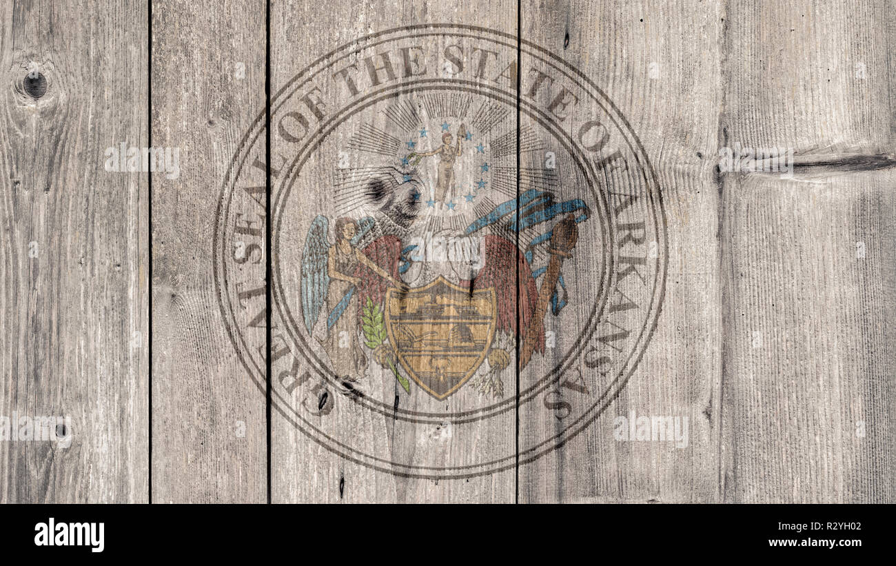 USA Politik Nachrichten Konzept: US-Staat Arkansas Dichtung Holzzaun Hintergrund Stockfoto