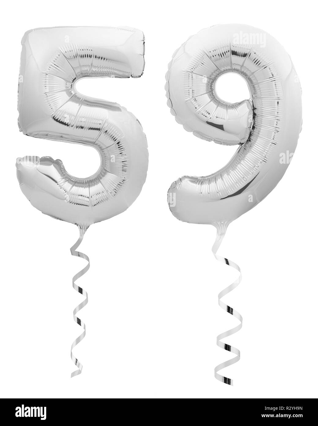 Silber Chrom Fifty Nine 59 Aus aufblasbaren Ballon mit Band auf Weiß Stockfoto