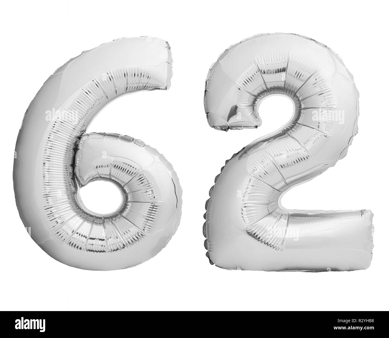 Silber Chrom Anzahl 62 60 Zwei aus aufblasbaren Ballon auf Weiß Stockfoto