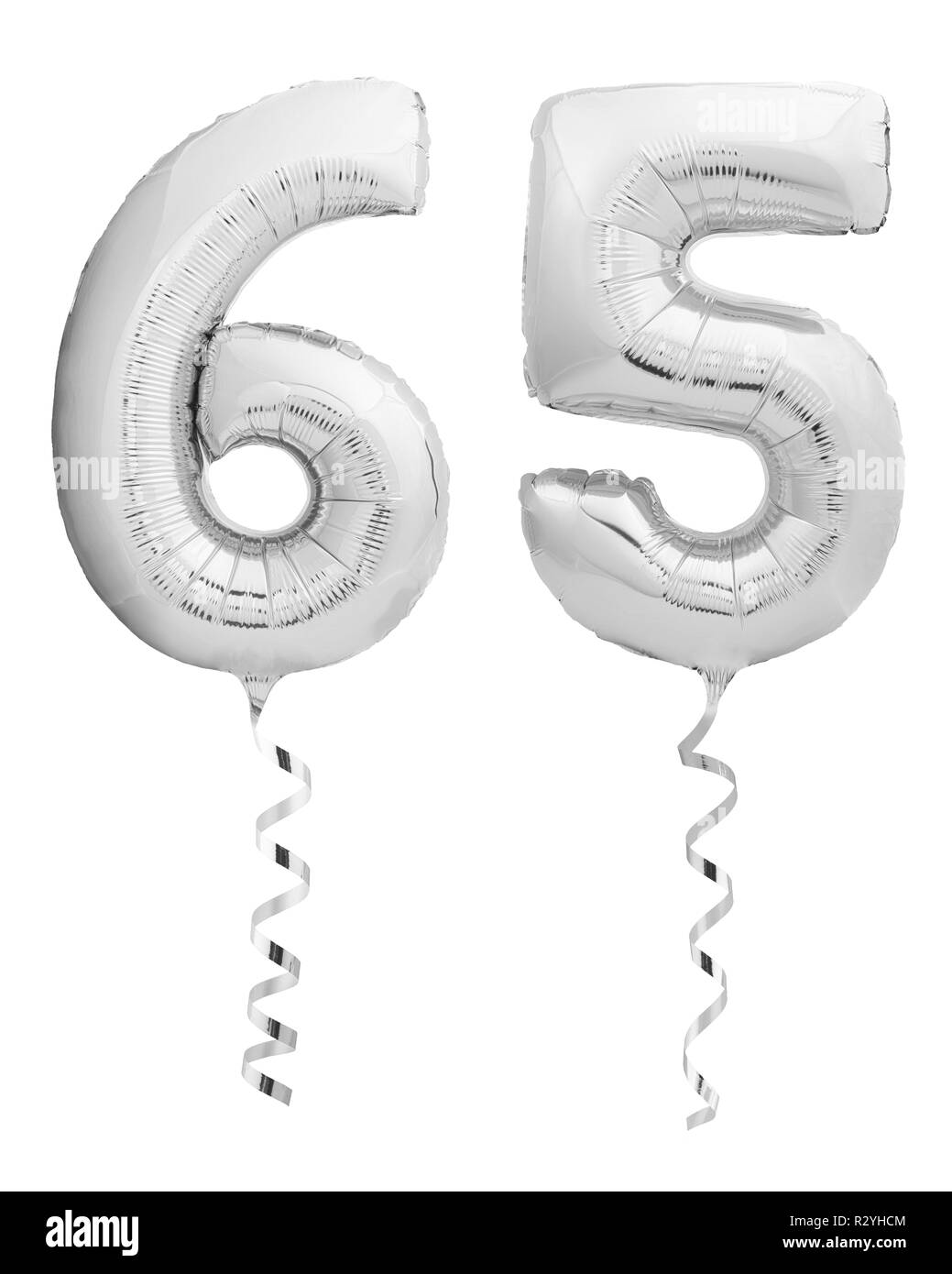 Silber Chrom 65 65 Aus aufblasbaren Ballon mit Band auf Weiß Stockfoto
