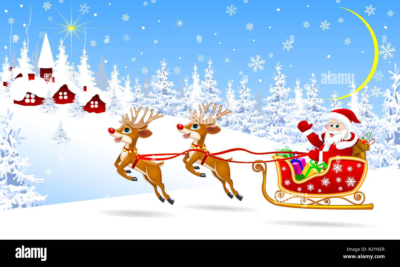Santa und Rotwild auf Hintergrund Dorf und Winter Forest. Weihnachtsmann auf seinem Schlitten, durch Rotwild genutzt. Weihnachtsmann mit Geschenken auf seinem Schlitten. Stock Vektor