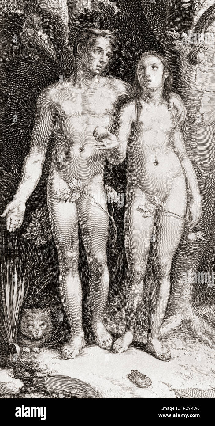 Adam und Eva im Garten Eden, nach einem Kupferstich aus dem 17. Jahrhundert. Stockfoto