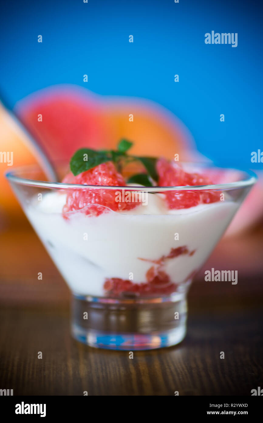 Süße hausgemachte organischen Joghurt mit Scheiben Rote Grapefruit in einer Glasschale Stockfoto