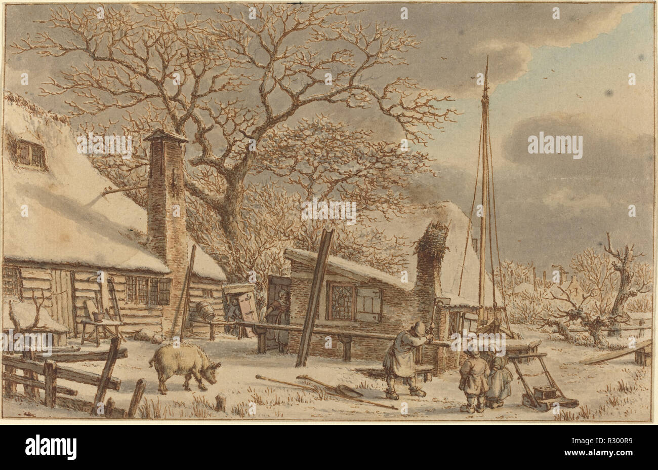 Bauernhof im Winter. Stand: 1786. Abmessungen: Insgesamt (ca.): 11,5 x 17,8 cm (4 1/2 x 7 in.). Medium: Stift und Tinte braun mit grauen Waschen und Aquarell auf Bütten. Museum: Nationalgalerie, Washington DC. Autor: Jakob Katzen. Stockfoto