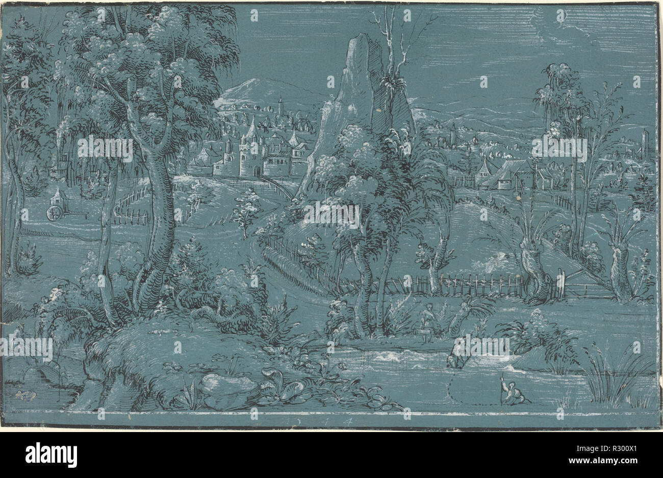 Landschaft mit Männer angeln. Stand: 1544. Abmessungen: Insgesamt (ca.): 14,6 x 22,6 cm (5 3/4 x 8 7/8 in.). Medium: Stift und Tinte schwarz mit Weiß gehöht auf blauem Papier vorbereitet. Museum: Nationalgalerie, Washington DC. Thema: Deutsch 16. Stockfoto