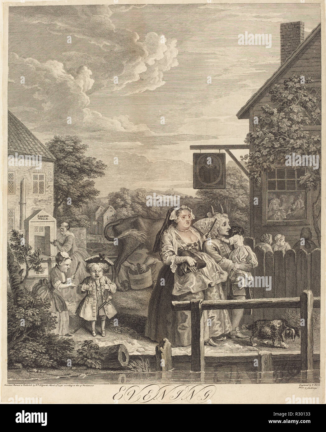 Abend. Stand: 1738. Medium: Radierung und Gravur. Museum: Nationalgalerie, Washington DC. Autor: William Hogarth. nach William Hogarth. Stockfoto