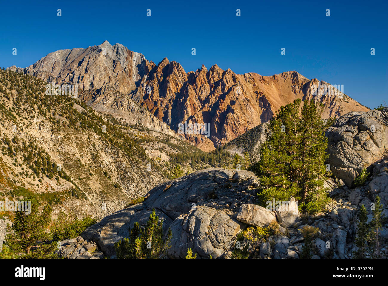 Mount Emerson und Piute Felsen, von den blauen See in Sabrina Becken gesehen, der östlichen Sierra Nevada, John Muir Wilderness, Kalifornien, USA Stockfoto