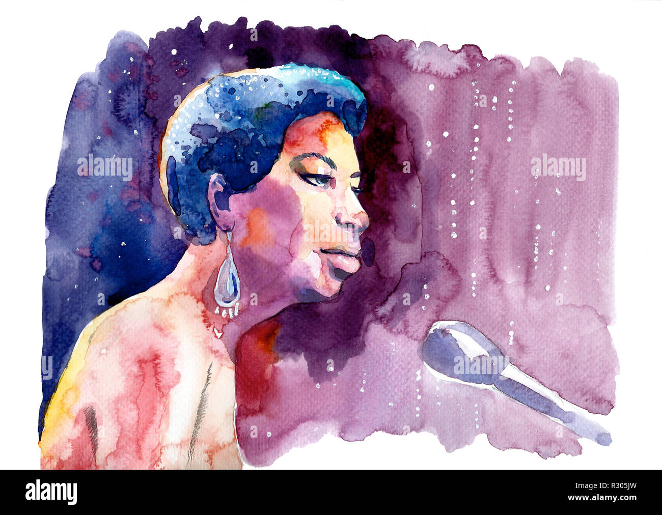 Aquarell Abbildung: Nina Simone spielt Klavier Stockfoto
