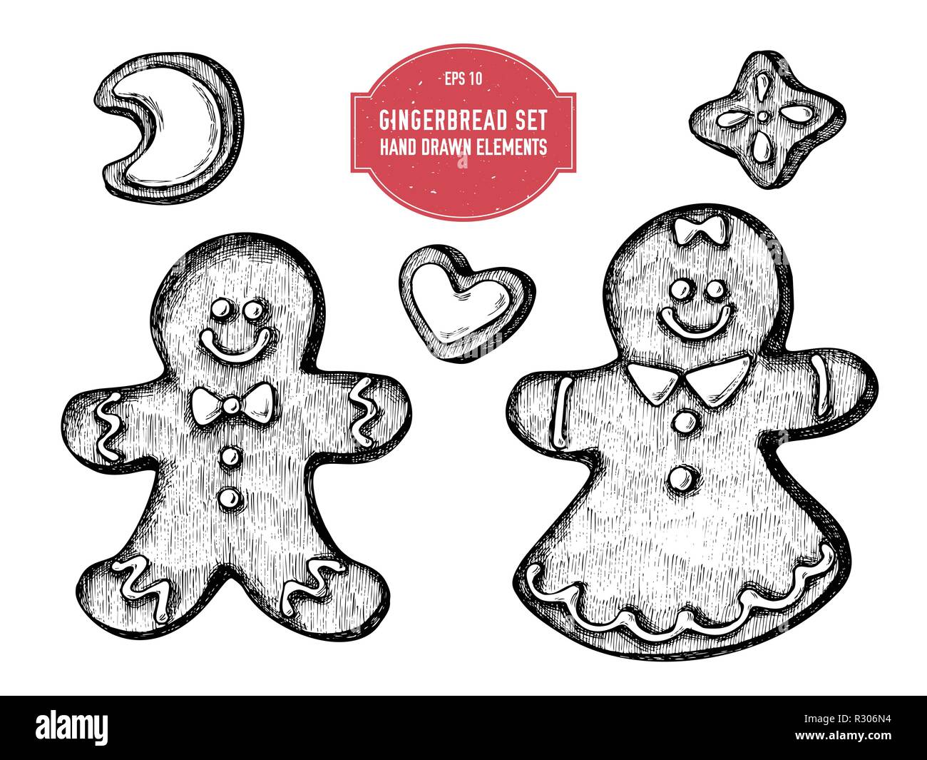 Vektor Sammlung von Hand gezeichnete Schwarz und Weiß Lebkuchen, Lebkuchen Männer Stock Vektor