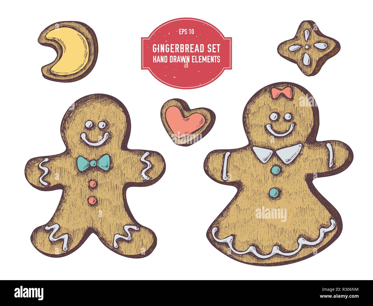 Vektor Sammlung von Hand gezeichnete farbige Lebkuchen, Lebkuchen Männer Stock Vektor