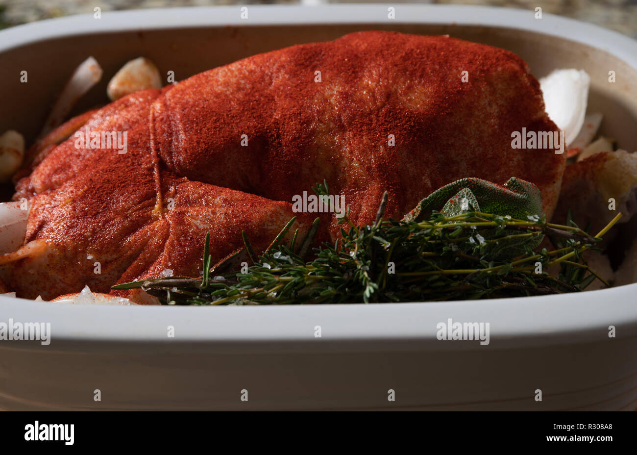 Gebratenes Hähnchen mit Knoblauch, Zwiebel, Paprika und einem bouquet garni aus Rosmarin, Salbei und Thymian zum Kochen bereit. Stockfoto