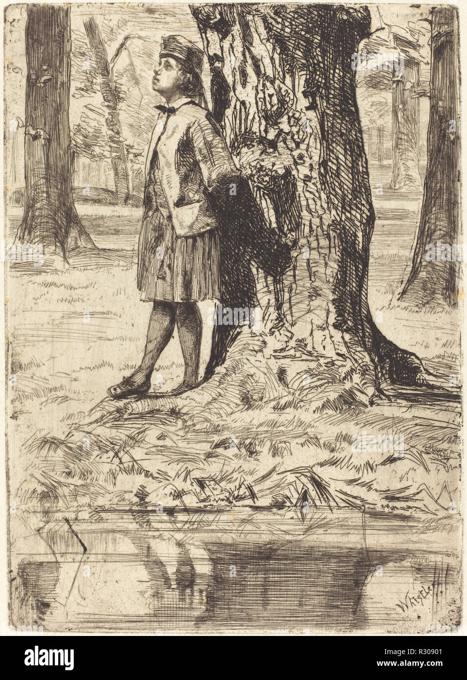 Seymour stehen unter einem Baum. Stand: 1859. Abmessungen: Platte: 13.34 x 9.53 cm (5 1/4 x 3 3/4 in.) Blatt: 19,69 x 12,7 cm (7 3/4 x 5 in.). Medium: Radierung und Kaltnadel. Museum: Nationalgalerie, Washington DC. Autor: WHISTLER, James Abbott Mcneill. Stockfoto