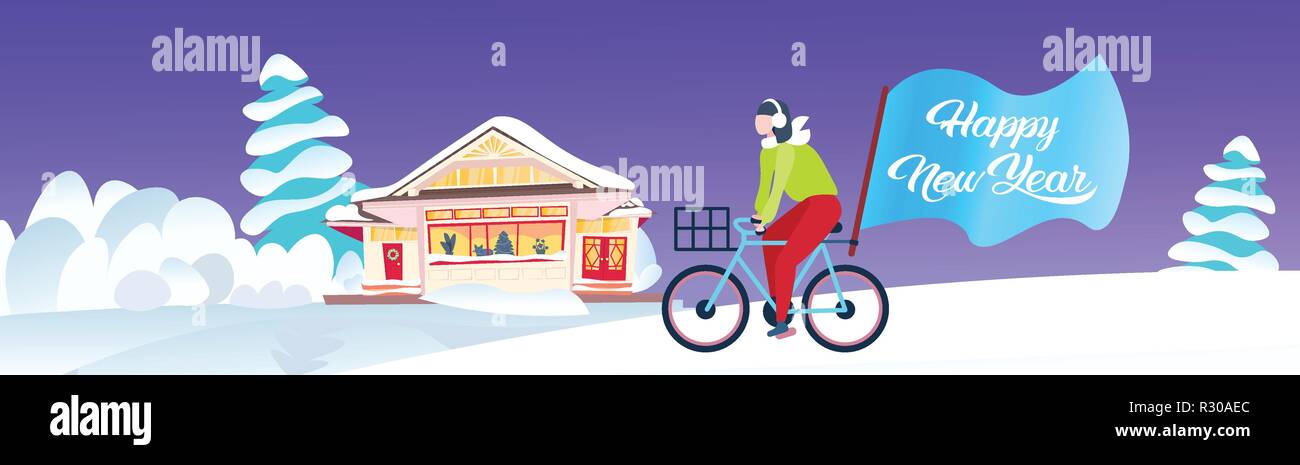 Frau Radfahren mit frohe Weihnachten Flagge ferien Feier Konzept Tannenbaum winter schnee duckte sich Cottage Hintergrund waagrechten Banner Stock Vektor