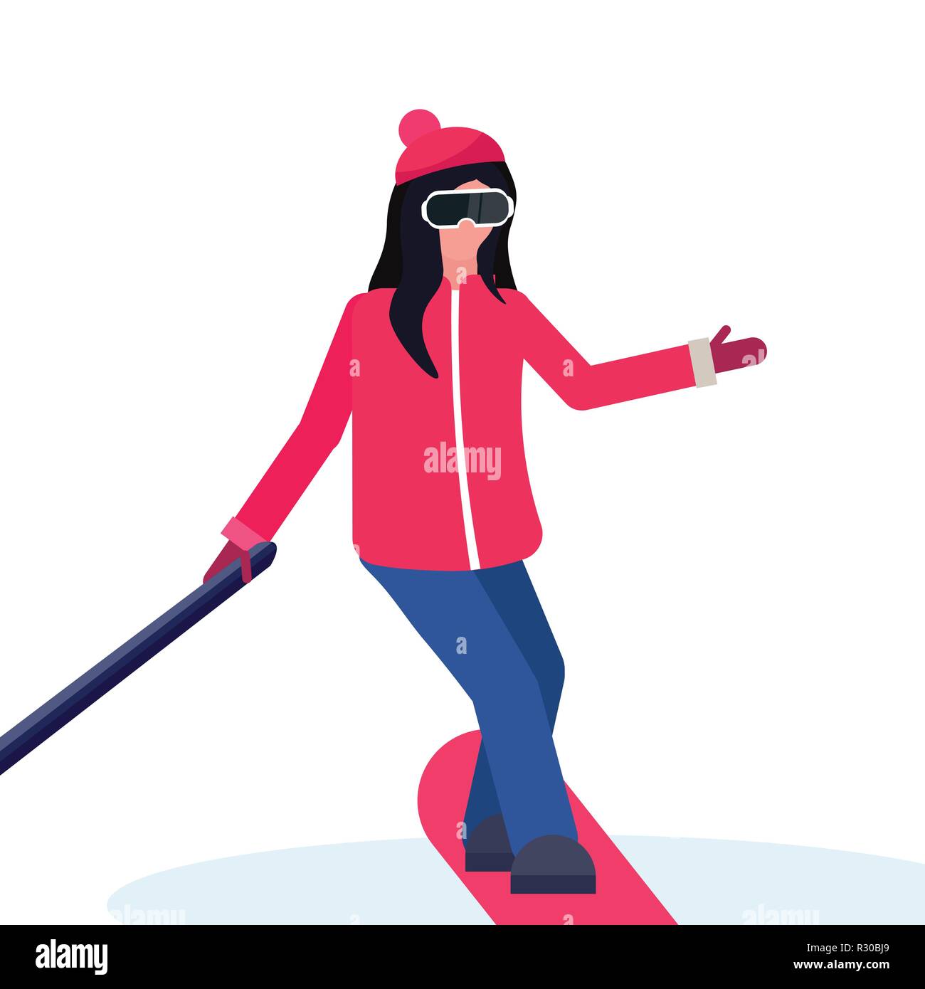 Frau Snowboarder unter selfie durch Action Kamera Winterurlaub Aktivitäten Konzept weibliche Comicfigur in voller Länge isoliert flach Stock Vektor