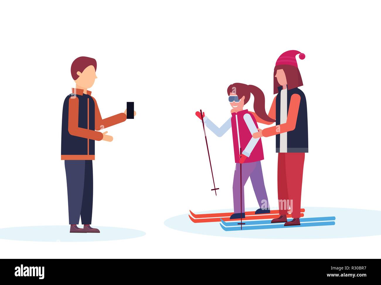 Mann, Foto Skifahrer paar Winterurlaub Konzept flache isolierte horizontal Stock Vektor