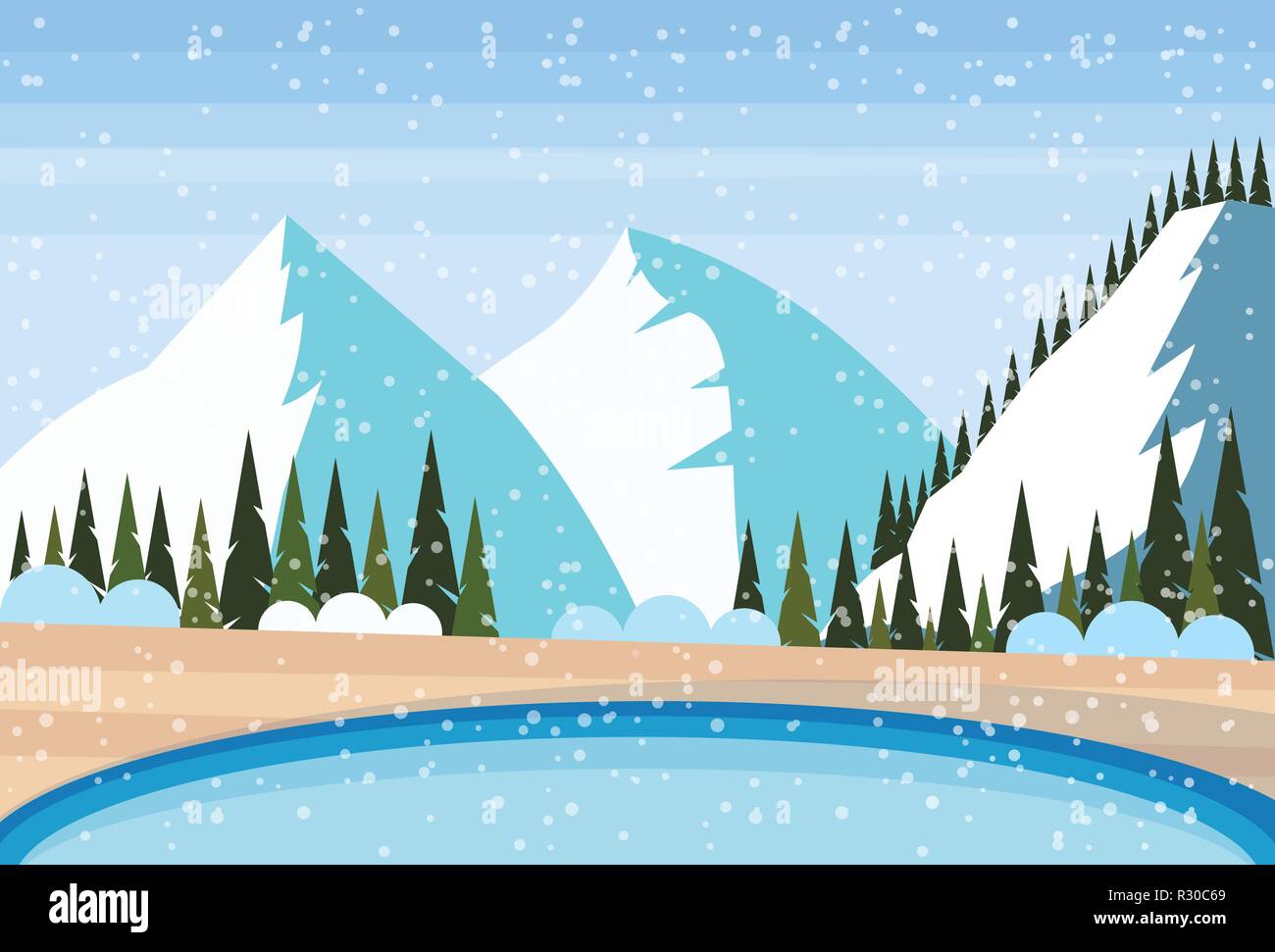 Thermische Außenpool Luxury Resort Snowy Mountains Tanne Wald Landschaft Hintergrund Winterurlaub Konzept waagrechten Stock Vektor