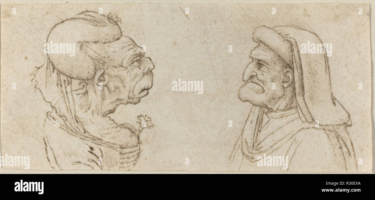 Zwei groteske Köpfe. Abmessungen: Insgesamt (ca.): 4,5 x 9,9 cm (1 3/4 x 3 7/8 in.). Medium: Stift und brauner Tinte. Museum: Nationalgalerie, Washington DC. Autor: Francesco Melzi nach Leonardo da Vinci. Stockfoto