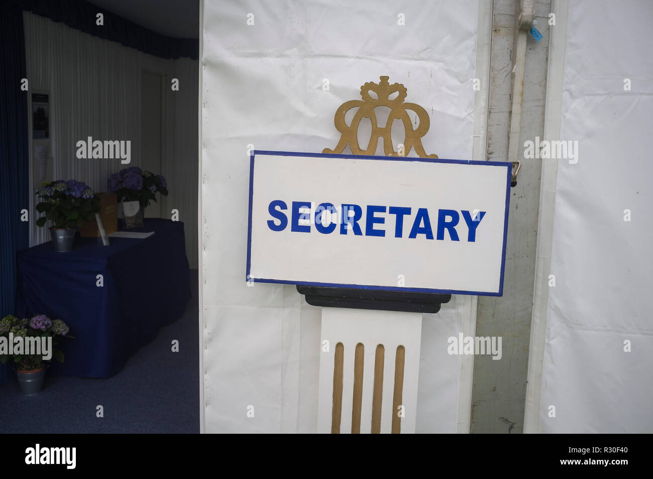 "Generalsekretär" Zeichen außerhalb des Sekretärs Zelt, der Steward Gehäuse, Henley Regatta, Henley-on-Thames, Oxfordshire Stockfoto