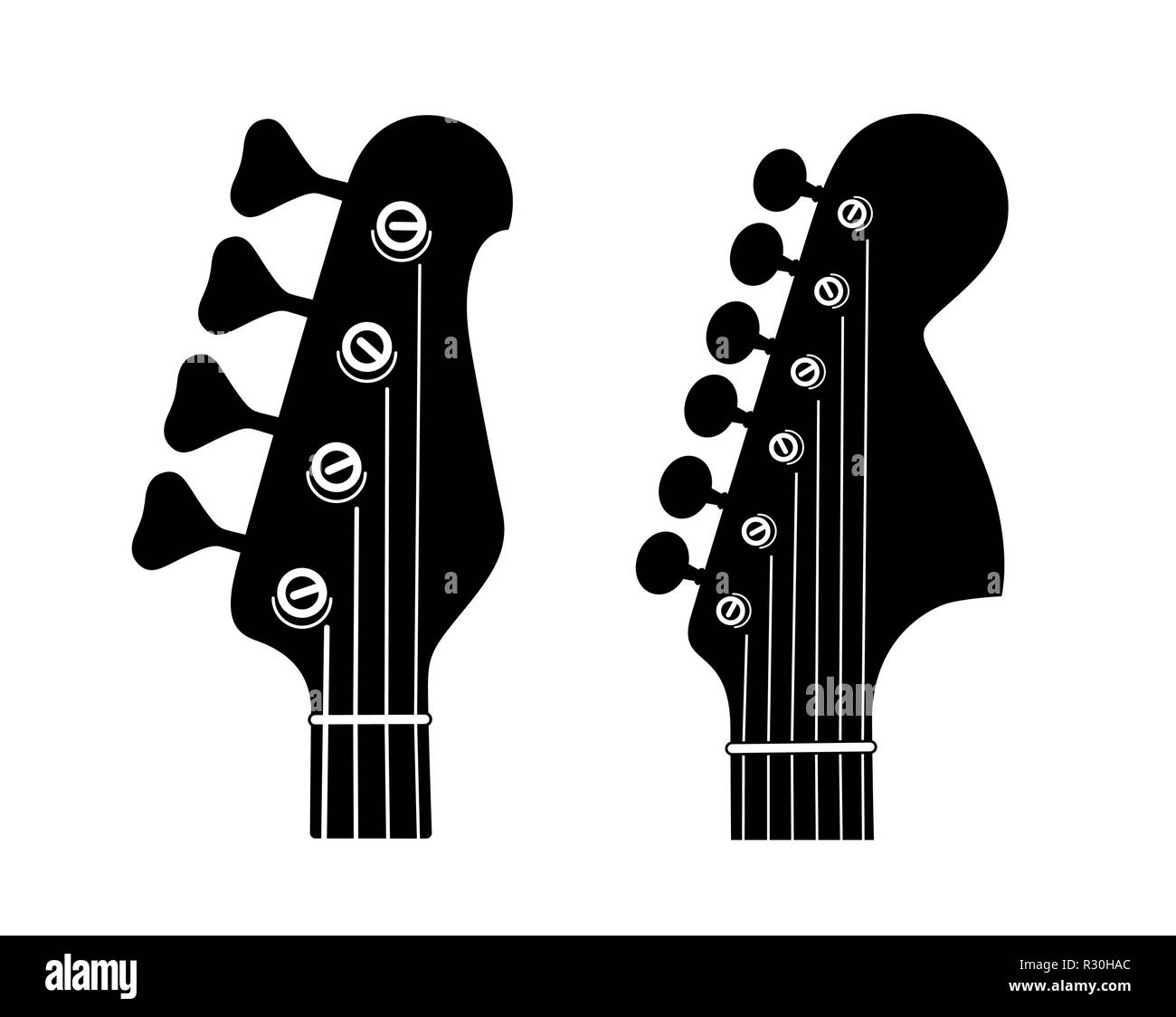 Elektrische und Bass Gitarre Headstock Silhouetten isoliert auf weißem Hintergrund. Stock Vektor