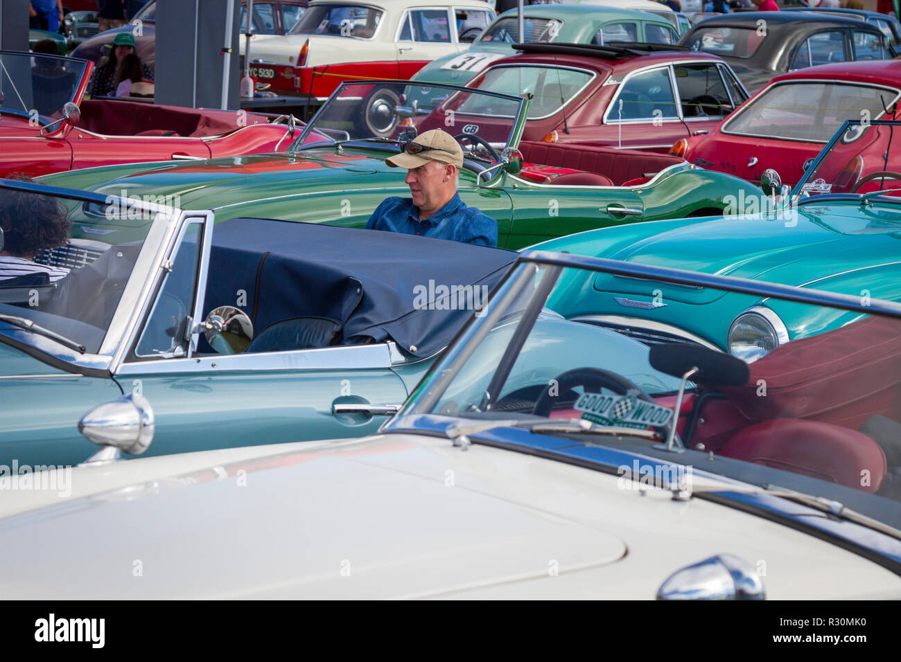 Ein Mann sitzt unter den klassischen britischen Sportwagen aus den 60er Jahren bei der jährlichen Kop Hill Climb, Buckinghamshire Stockfoto