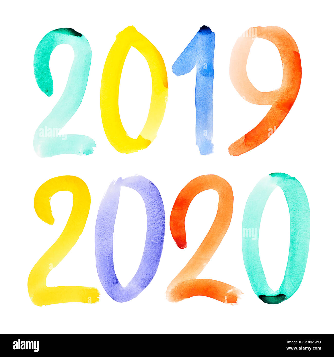 Frohes neues Jahr 2019, 2020 - Hand lebendige Aquarell gezeichnet Schriftzug Stockfoto
