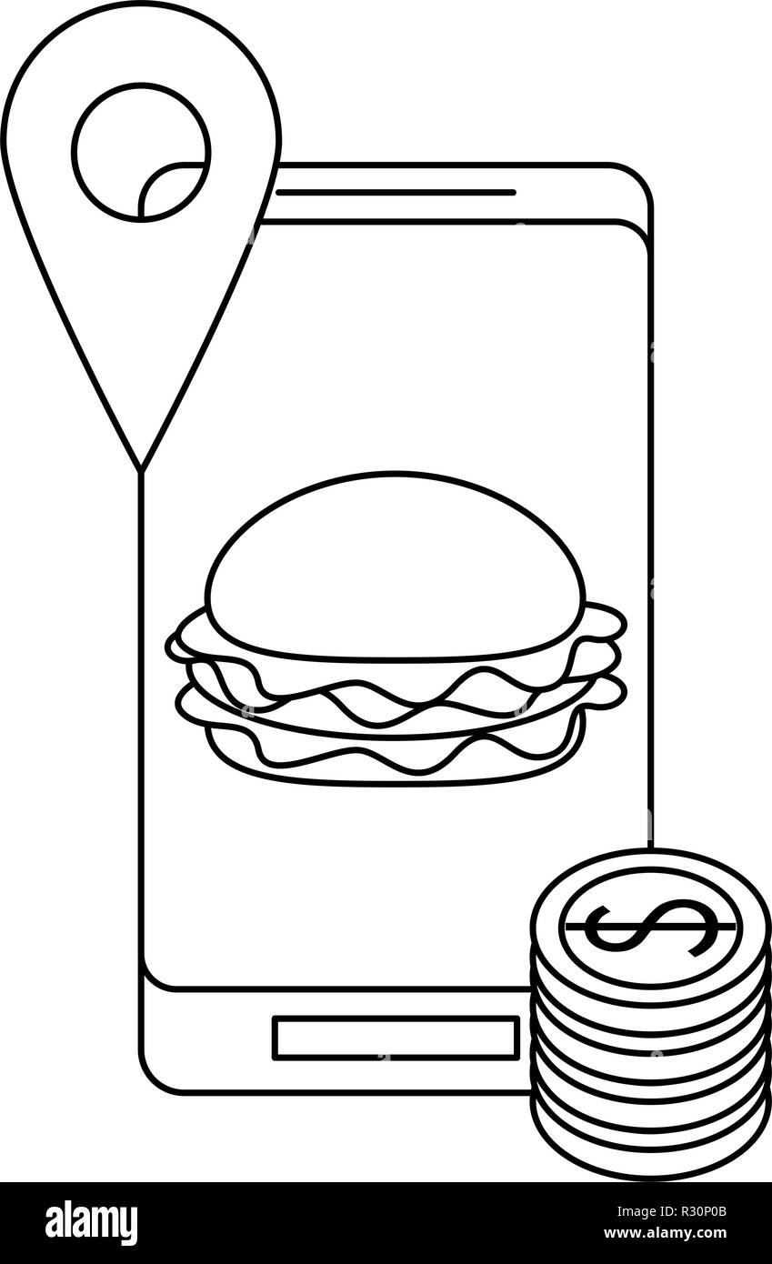 Fast food Bestellung und Lieferung online in Schwarz und Weiß Stock Vektor