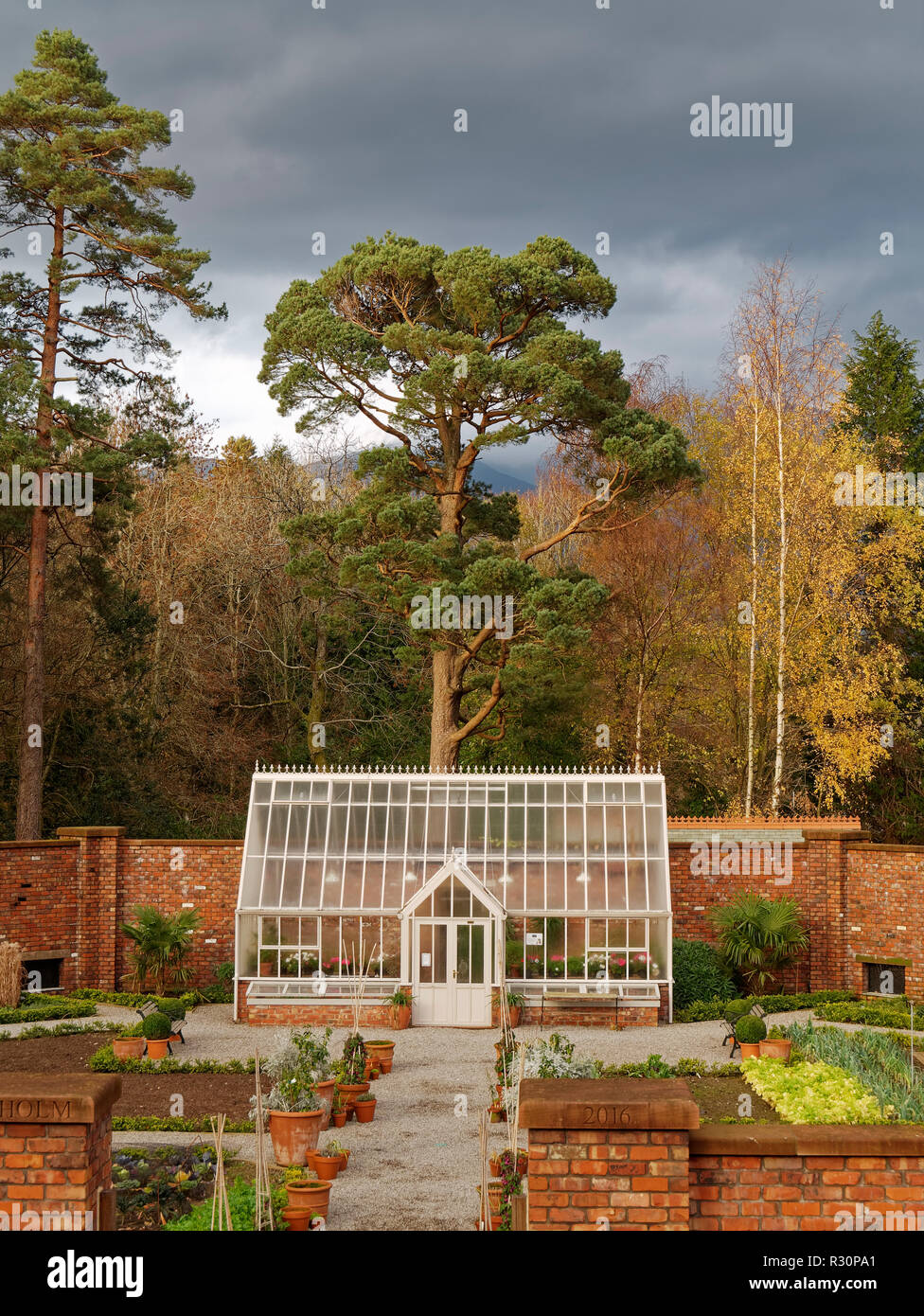 Die Treibhausgasemissionen innerhalb der ummauerten Garten in Lingholm sieht wunderschön am späten Nachmittag Sonne. Stockfoto