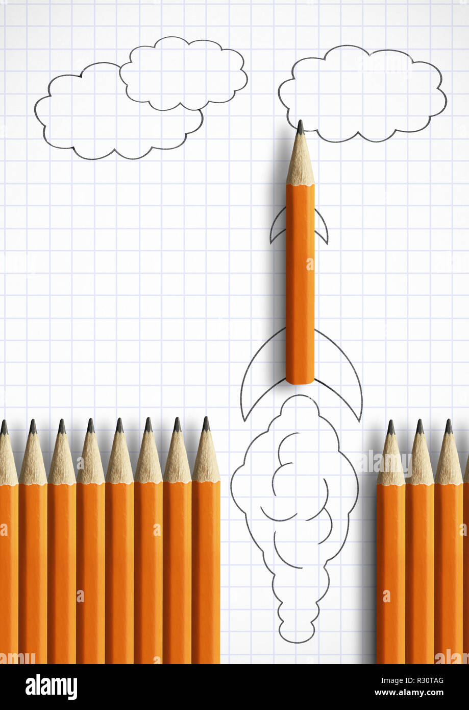 Start Idee Kreativ Konzept, Bleistift gezeichnet als Rakete Stockfoto