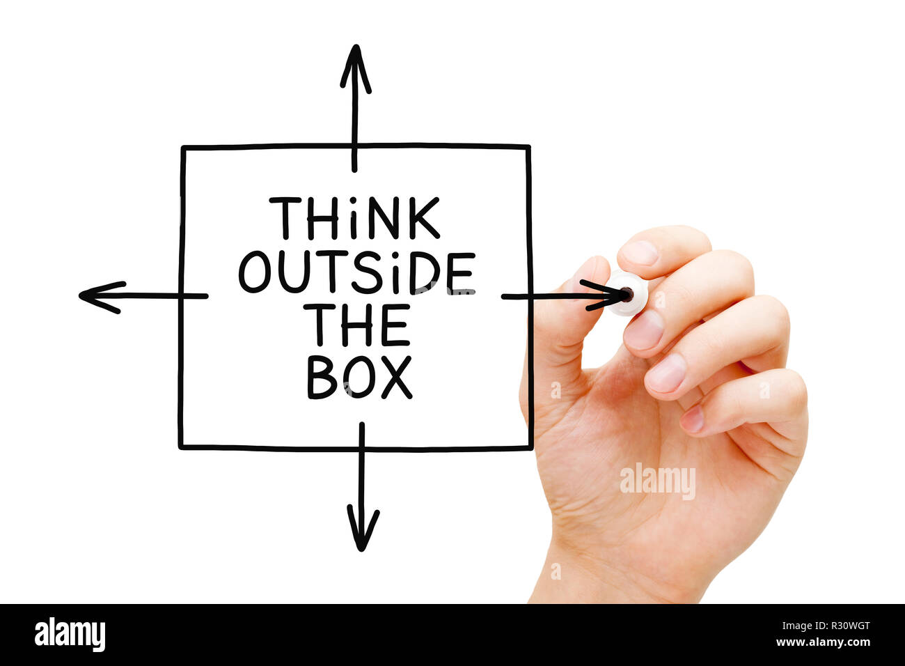 Handzeichnung Denken außerhalb der Box Konzept mit schwarzem Marker auf transparentem Glas Bord auf Weiß isoliert. Stockfoto
